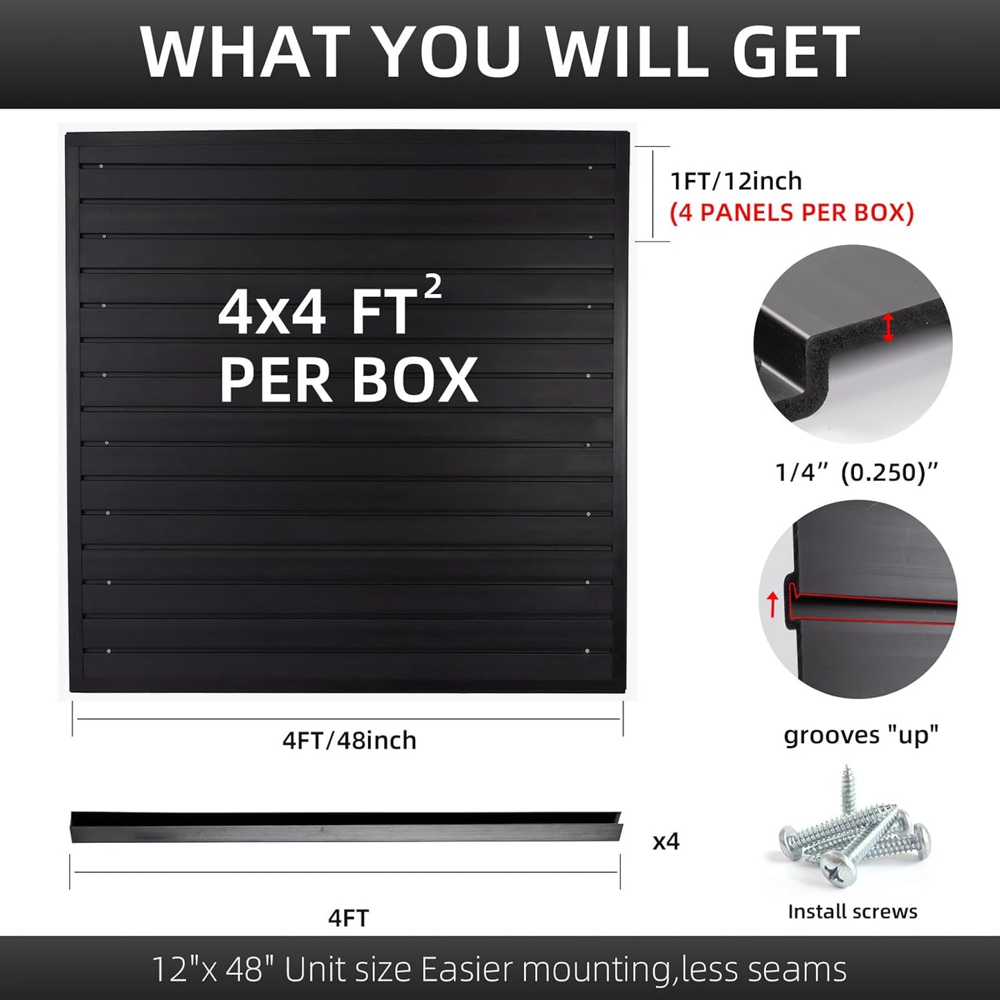 Slatwall Panel Garage Wall Organizer, Heavy Duty Wall Mounted Garage Slat Wall Storage Systems, PVC Wall Panels Slat Board, Slate Wall Black 4'W x 4'L