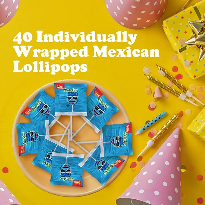 Vero Pintazul Lollipops - Individually Wrapped Mexican Candy That Colors Your Tongue Blue - Strawberry and Raspberry Flavor - 40 Pack (19.75 oz)