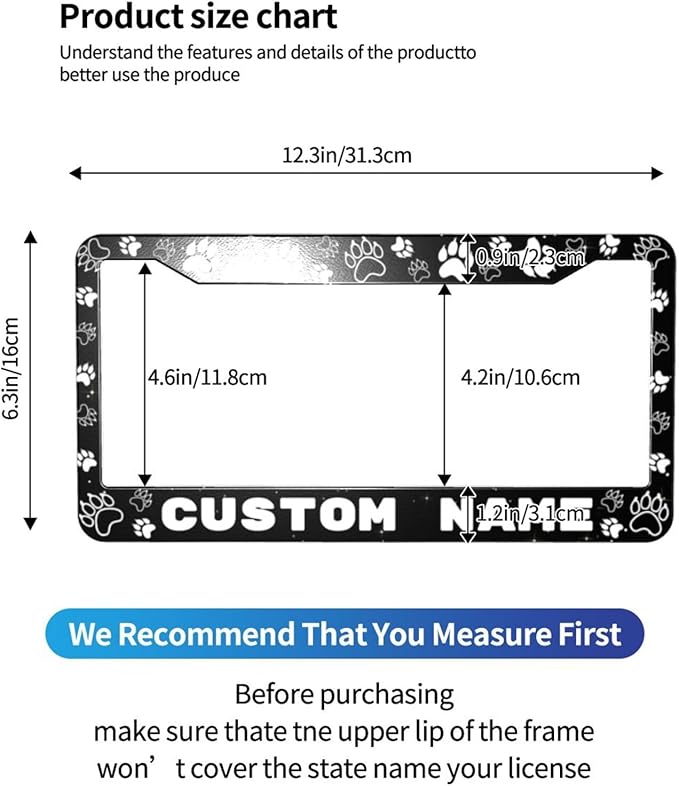 Custom License Plate Frame Dog Paw Print 2 Pack Personalized Add Text Black Custom License Plate Frame with Standard Us Canada Vehicles 12.3 X 6.3in