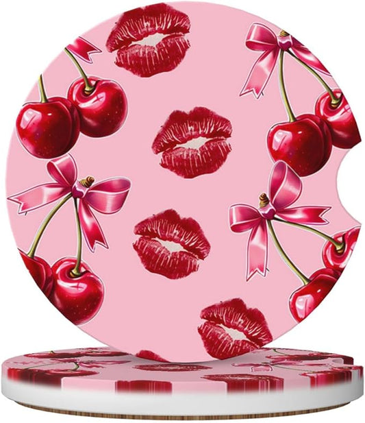 ABLESKY Car Coasters for Cup Holders, 2 Pack Absorbent Anti Slip Car Cup Holder Coasters, 2.56 Inch Ceramic Universal Size Auto Interior Accessories Women Men-Cherry Pink Bow with Red Lips