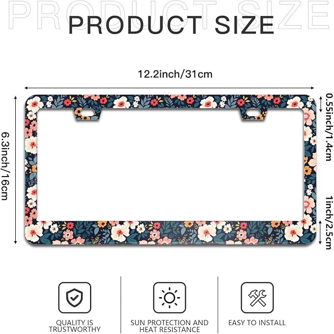 Folk Colorful Floral License Plate Frame Flowers License Plate Frames Aluminum Car Accessories Cover with 2 Holes and Screws 12 x 6 Inch for Front Rear Car Plate Decor for Women Men