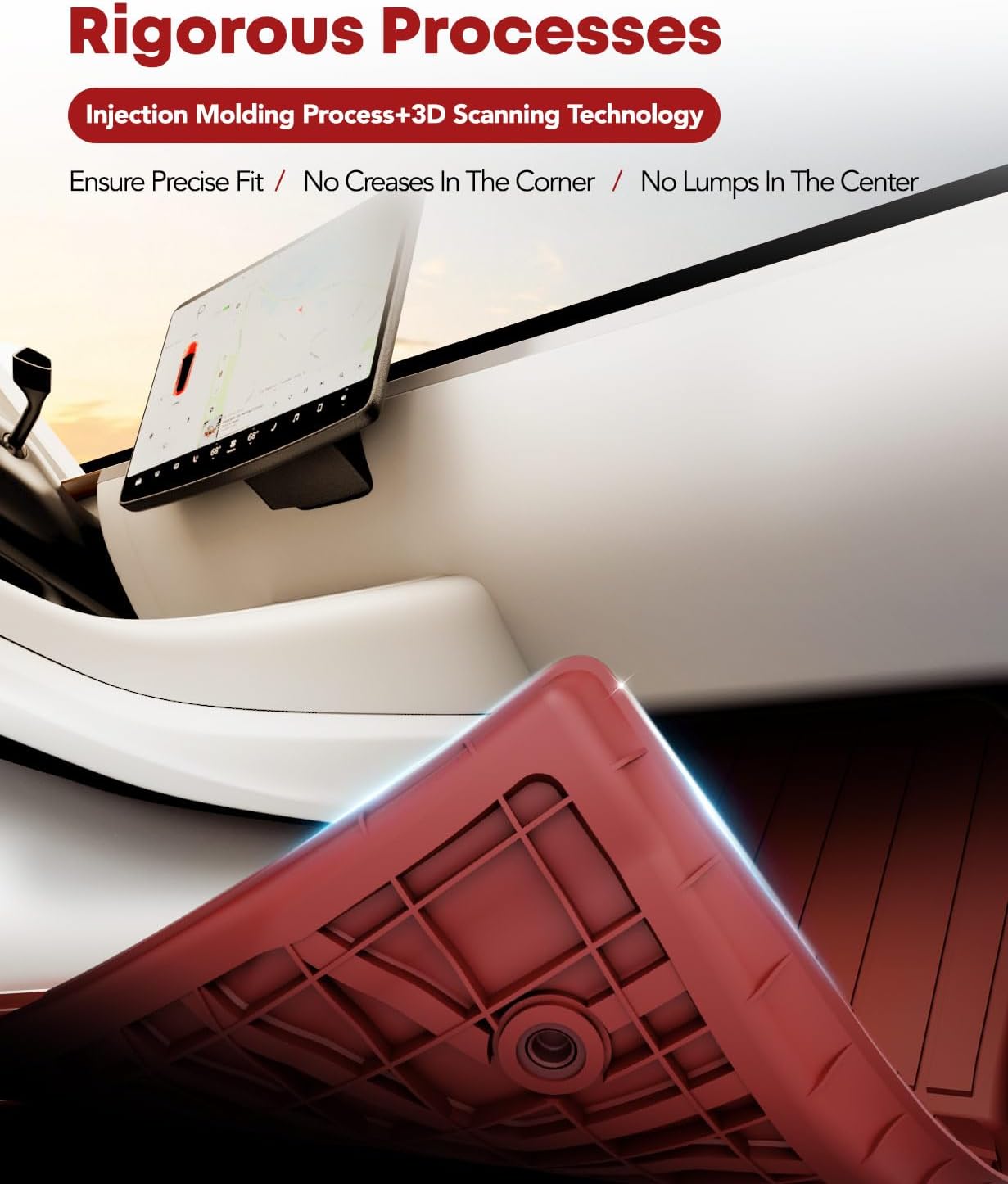 YHTAUTO Custom Fit Light Red Car Floor Mats for Tesla Model Y 2025-2020 (5-Seat) Not for Juniper, 1st & 2nd Row All Weather TPE Car Carpet Liners, Anti-Slip Waterproof, Automatic Mats, Set of 3