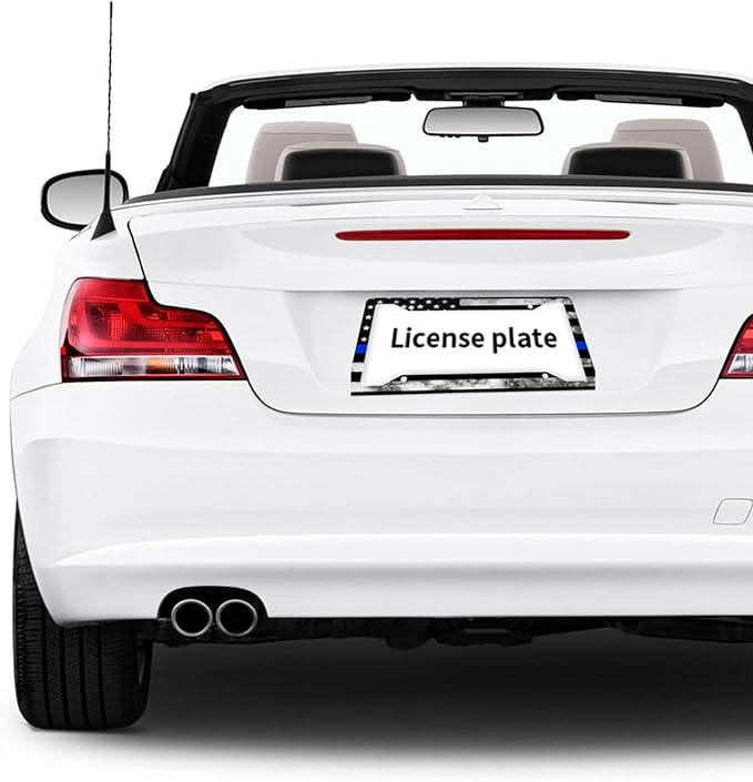 Vintage American Flag Thin Blue Line License Plate Frame - 1 Pack Personalized Patriotic License Plate Holder Aluminum Metal Car Tag Cover with 4 Holes Decoration for US Vehicle Standard for Women Men