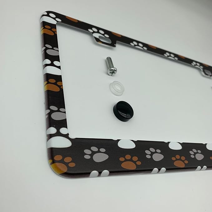 White Grey Yellow Paw Prints on Dark Grey Background License Plate Frame Cover, Matte White Powder Coated Stainless Steel, Animal Print Auto Car Tag Frame with 2 Holes & Free Screws