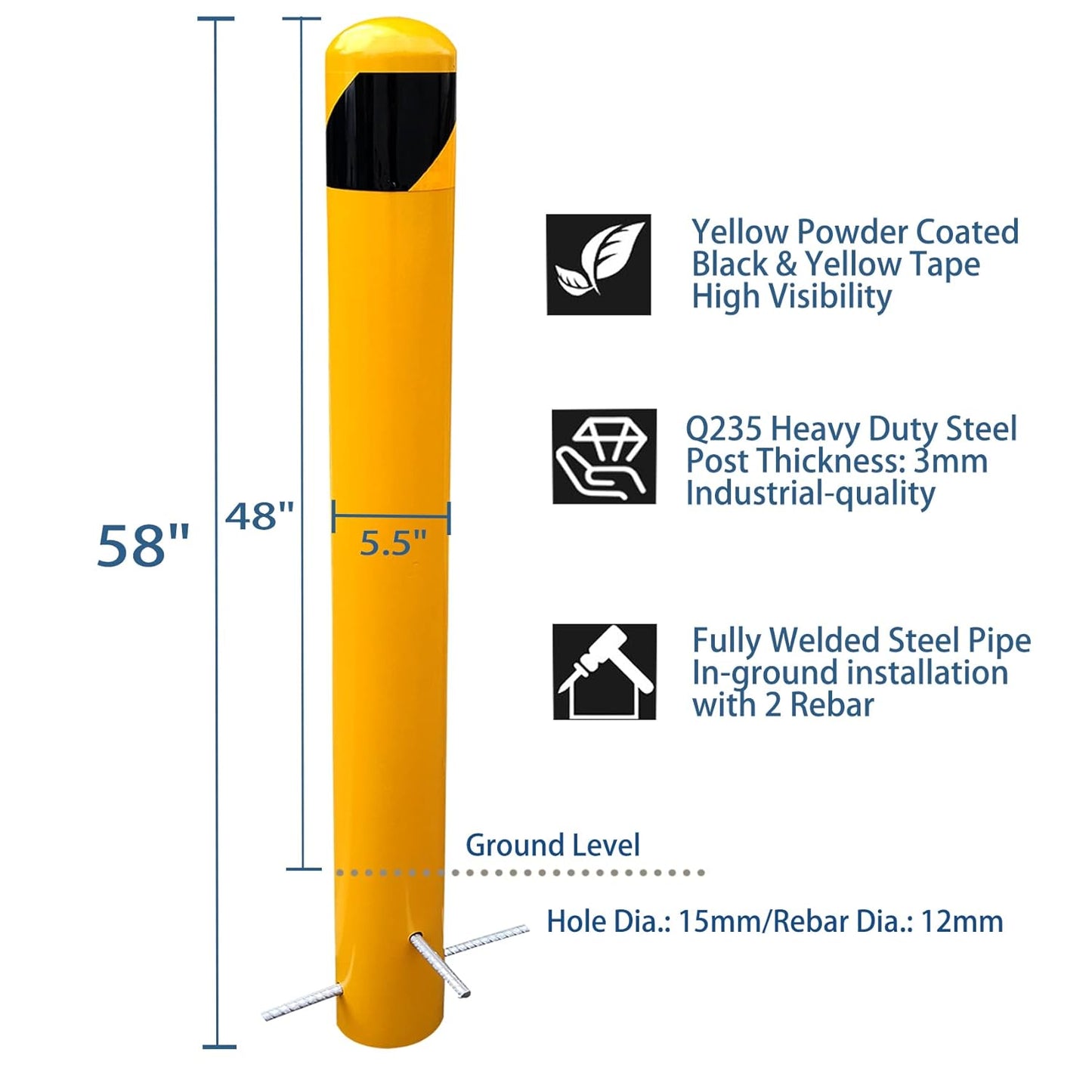 58" Pour in Place Steel Bollard Post, 5-1/2" OD Safety Bollard Yellow Powder Coat, Metal Bollard Parking, Driveway Barrier