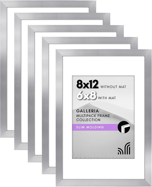 Americanflat 8x12 Picture Frame with Polished Plexiglass - Set of 5 - Use as 6x8 Frame with Mat or Display 8x12 Photo Without Mat - Galleria Collection - Picture Frames for Wall Display - Silver