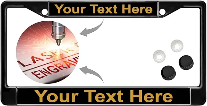 Custom Personalized Black Powder-Coated Metal Laser Engraved Standard Size - Car/Automobile License Plate Frame with Free caps - Black/Gold Text (Qty: 1 Frame)