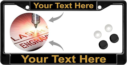 Custom Personalized Black Powder-Coated Metal Laser Engraved Standard Size - Car/Automobile License Plate Frame with Free caps - Black/Gold Text (Qty: 1 Frame)