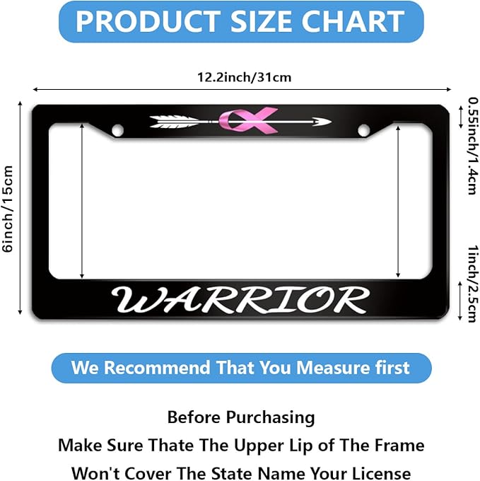 Breast Cancer Awareness Warrior License Plate Frame Pink Ribbon for Car Decorative Parts Stainless Steel License Plate for Standard Us Canada License Plate Holder 12x6 Inch