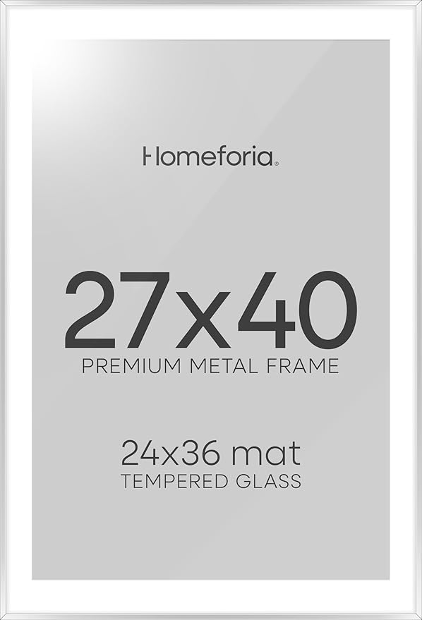 Homeforia Silver Picture Frames 27x40, Premium Brass 27x40 Frame with 24x36 Mat, Tempered Glass, Wall Hook Included, Set of 1