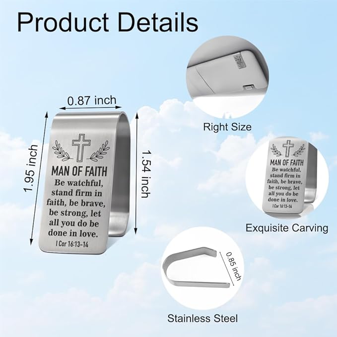 XQLZY Man of Faith Be Watchful Stand Firm in Faith Engraved Stainless Steel Car Visor Clip, Religious Travel Visor Car Accessories, Safe Drive Gifts for Family Friend, God Prayer Faith Gifts