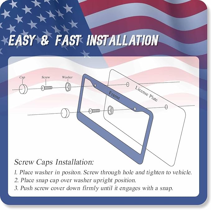1PCS American Flag License Plate Frame Holder - USA Stars and Stripes Auto Universal Aluminum Matte Car Tag Holder Covers with Sticker & Screws for Men