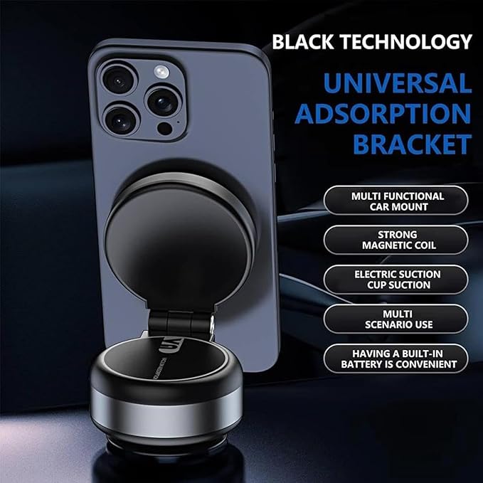 Electric Vacuum Magnetic Car Phone Mount,Vacuum Suction Car Phone Holder Hands-Free,Adjustable Foldable Magnetic Suction Cup Phone Mount,Strong Magnetic Car Mount for Smooth Surface(New-Black)