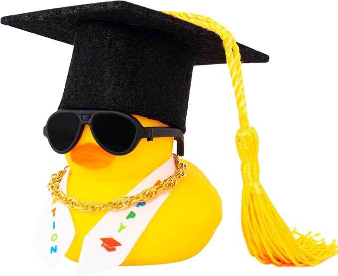 wonuu Graduation Stole Rubber Ducks, Dashboard Decorations Duck for Car Ornament Accessories with Hat Sunglasses Sash Chain (Yellow)