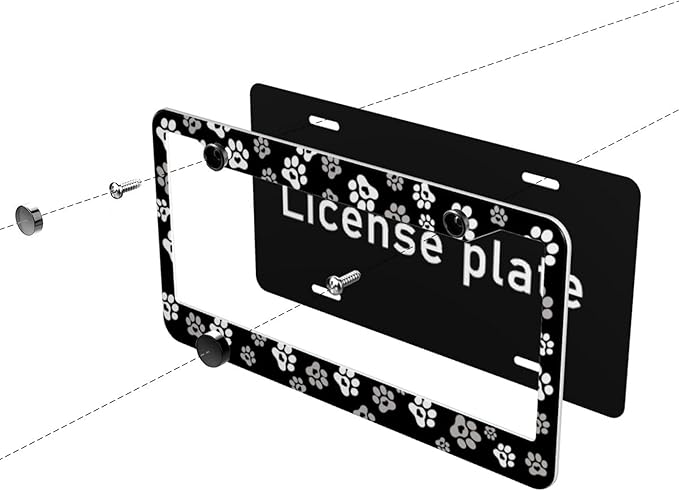 Paw Print License Plate Frame - 1 Pcs Black White Dog Lovers Paw Design License Plate Covers Aluminum Metal Novelty Auto Car Tag Holder with Love Hearts 2 Holes Equipped with Screws