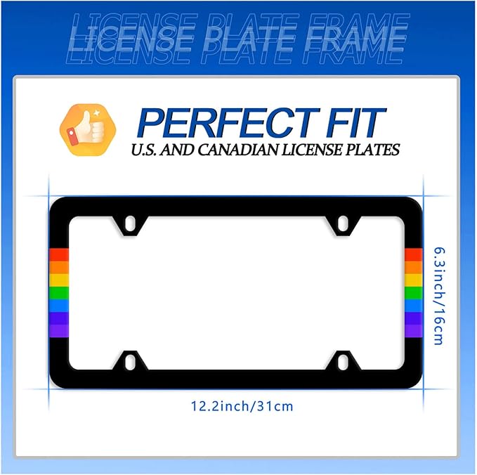 Rainbow Lines License Plate Frame LGBT Flag Gay Lesbian License Plate Stainless Steel Auto Parts Funny License Plate Decorative with Screws Size 12.3" x 6.3" for Women Men