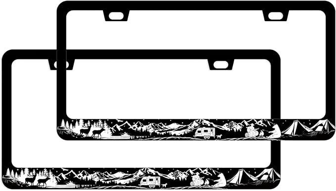 Camping License Plate Frames 2 Pack - Mountains Adventure License Plate Cover Deer Bear Wildlife Camper Car Tag