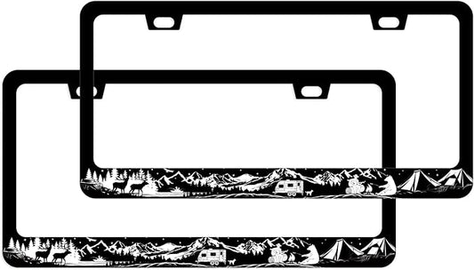 Camping License Plate Frames 2 Pack - Mountains Adventure License Plate Cover Deer Bear Wildlife Camper Car Tag