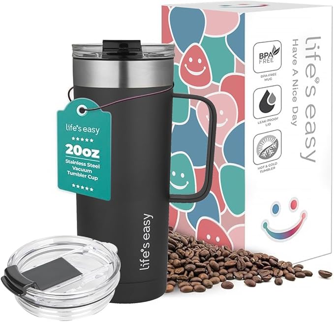 Life's Easy 20oz Stainless Steel Mug w/Handle - Double Wall Insulated Travel Tumbler w/Flip Lid - Leak Proof Tumbler-Thermal Cup for Coffee, Tea & More - Keep Hot & Cold Drinks (Black, 20 oz)