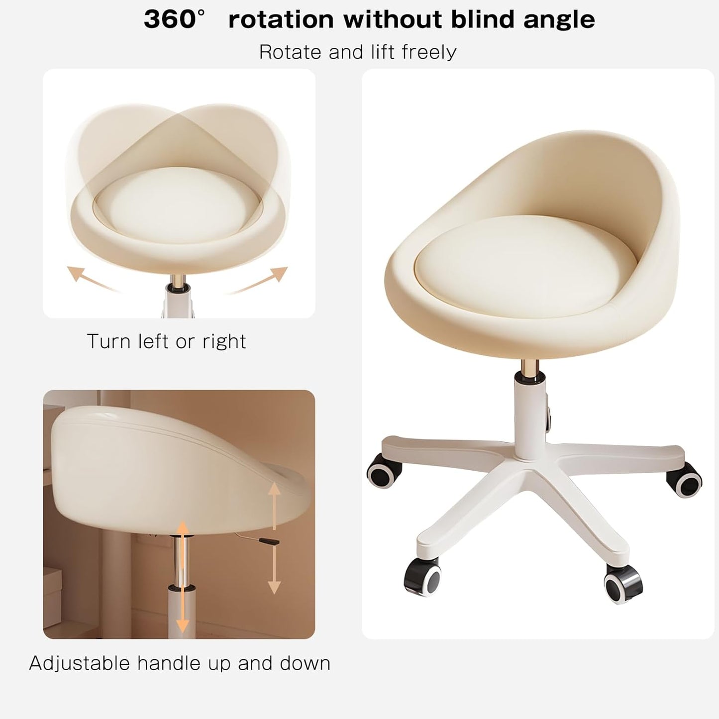 Rolling Stool Set of 4 Rolling Hydraulic Salon Stool with Low Backrest - Adjustable Swivel Chair for SPA, Shop, Salon, Massage, or Medical Office Beige