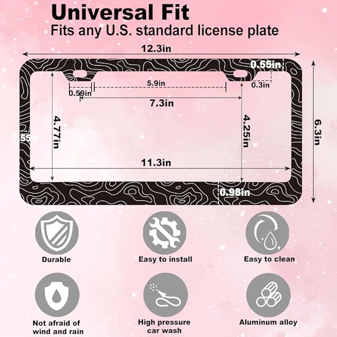 2pcs Topography Map License Plate Frame for Women Men, Discovery car Decorative tag Frames Girly, Topographic License Plate Cover Holder for Vehicle with Double Sided car Keychain tag