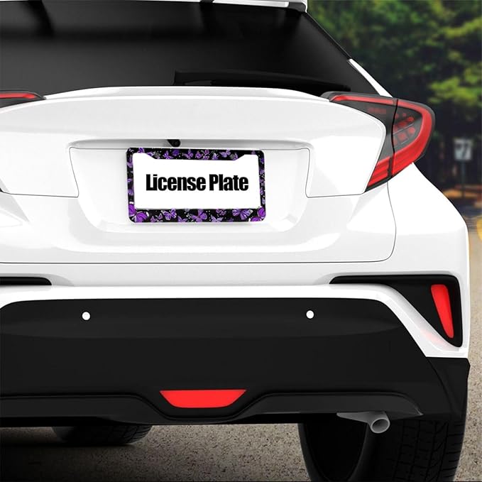 Purple Butterfly License Plate Frame - 1 Pack Beautiful Fluttering Butterfly License Plate Holder Aluminum Metal Car Tag Cover with 2 Holes Customized Decorative for Women US Vehicle Standard