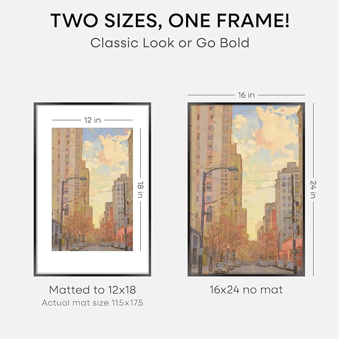 Homeforia 16 x 24 Picture Frame Black, High End Metal 24x16 Poster Frame, 16 x 24 Black Frames Matted to 12 by 18 inch Print, 24by16 Thin Frame with Mat 12x18 Photo, Tempered Glass, Wall Kit, Set of 4