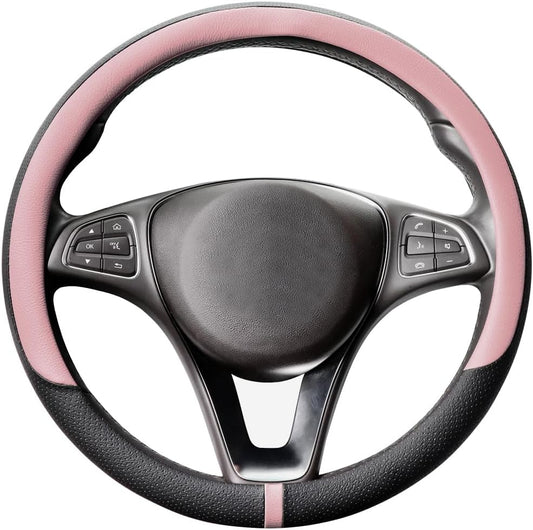 COFIT Breathable Car Steering Wheel Cover 15 inch Auto Universal Leather Wrap Non-Slip Steeringwheel Protector Automotive Interior Accessories, Pink (Suit for 14.5-15 inch)