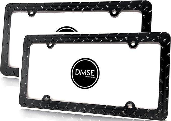 DMSE Heavy Duty Metal Diamond Plate Plated License Plate Frame Cool Decorative Design for Any Vehicle (Black 2 Pack)