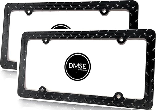 DMSE Heavy Duty Metal Diamond Plate Plated License Plate Frame Cool Decorative Design for Any Vehicle (Black 2 Pack)
