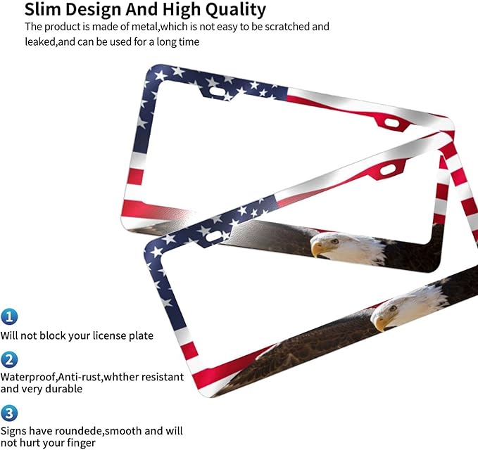 Eagle USA Flag License Plate Frames Funny Cute for USA Canada Vehicles Standard Car Tag Cover Holder Aluminum Metal for Women Men Auto Decoration Hardware Included 2 Pack