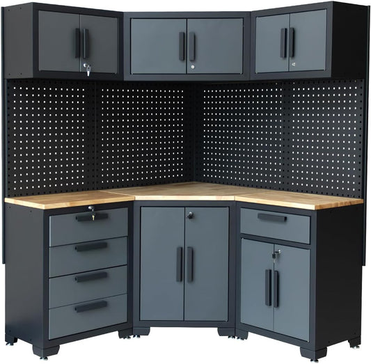 Garage Storage Cabinet System - 8-Piece Set with Corner Cabinet, Drawers, Workbench, Pegboard for Tool Organization - Black and Grey