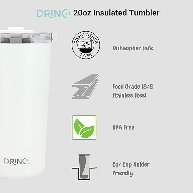 Drinco - 20 oz Stainless Steel Tumbler | Double Walled Vacuum Insulated Mug With Lid, 2 Straws, For Hot & Cold Drinks (20oz Artic White, 20oz)