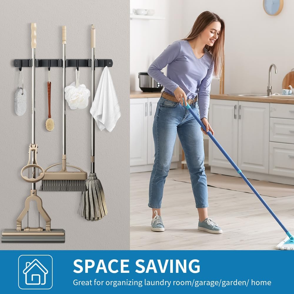 Broom Hanger and Mop Holder, Heavy Duty Garden Tool Organizer Rack Rake and Shovel Handle, Stainless Steel Wall Mounted Utility Rack with Screws (4 Racks with 5 Hooks, Matte Black).