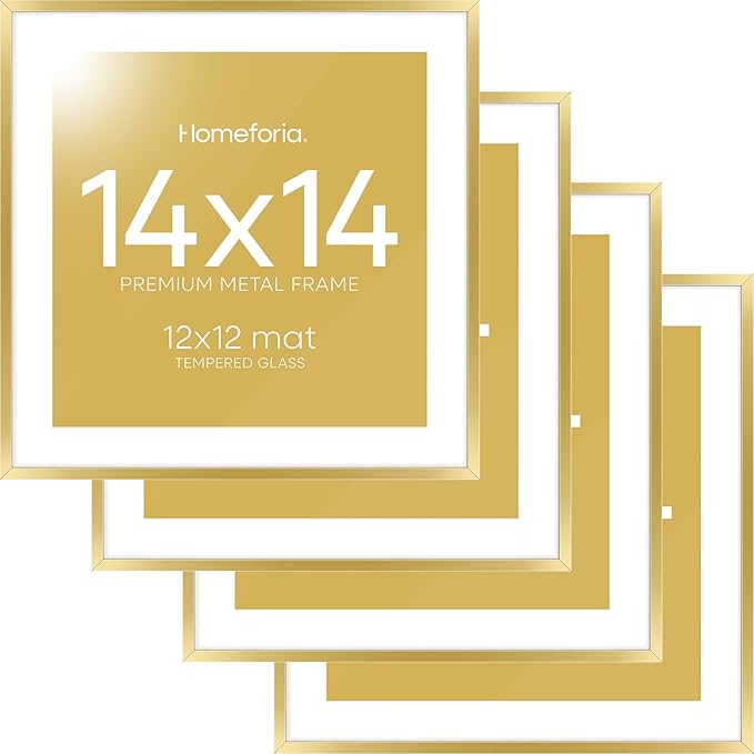 Homeforia 14x14 Picture Frame Gold, High End Metal 14 x 14 Square Poster Frame with Mat 12 x 12 Photo, 14x14 Frame Matted to 12x12 Print, 14by14 Gold Hanging Frames, Tempered Glass, Wall Kit, Set of 4