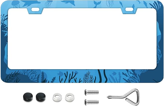 Underwater Ocean Fauna License Plate Frames Deep Sea Plants Animal Cartoon Rust-Proof Stainless Steel License Plate Cover Personalized Cover for Women Men 12.3x6.3 Inch License Plate Holder -DATANSEN