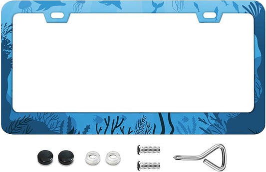 Underwater Ocean Fauna License Plate Frames Deep Sea Plants Animal Cartoon Rust-Proof Stainless Steel License Plate Cover Personalized Cover for Women Men 12.3x6.3 Inch License Plate Holder -DATANSEN