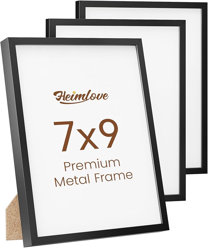 Heimlove 7x9 Metal Picture Frame,Black Aluminum Photo Frames-Real Tempered Glass,Tabletop Display,Mounting Horizontally or Vertically Decor for Wall-3 Pack