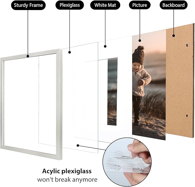 KINLINK 5x7 Picture Frame Silver Set of 4, Wooden Photo Frames Matted 4x6 with Plexiglass for 4x6 with Mat or 5x7 without Mat for Table and Wall Display