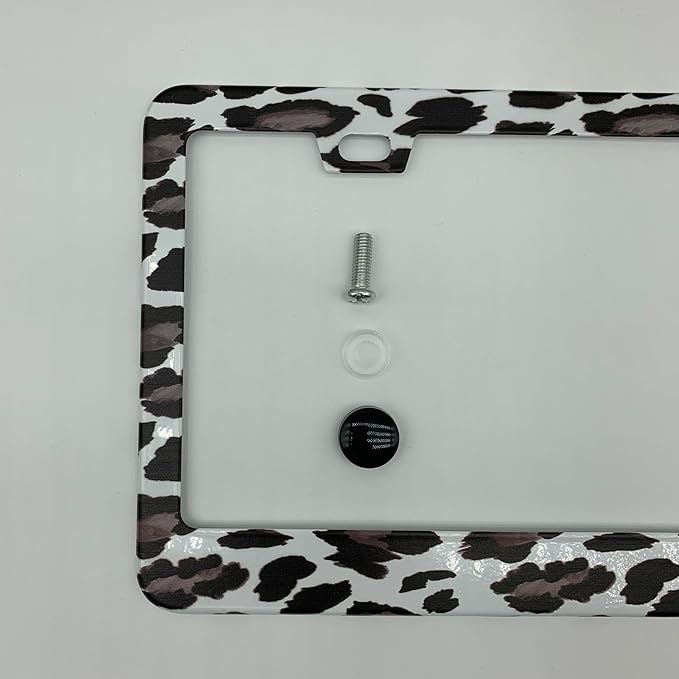 Watercolor Snow Leopard Pattern License Plate Frame Cover, Matte White Powder Coated Stainless Steel, Animal Print Auto Car Tag Frame with 2 Holes & Free Screws