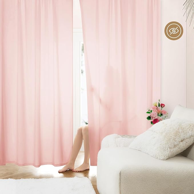 HOMEIDEAS Non-See-Through Blush Pink Privacy Sheer Curtains, 52 X 63 Inches Long 2 Panels Sheer Curtains Light Filtering Window Drapes for Bedroom Living Room