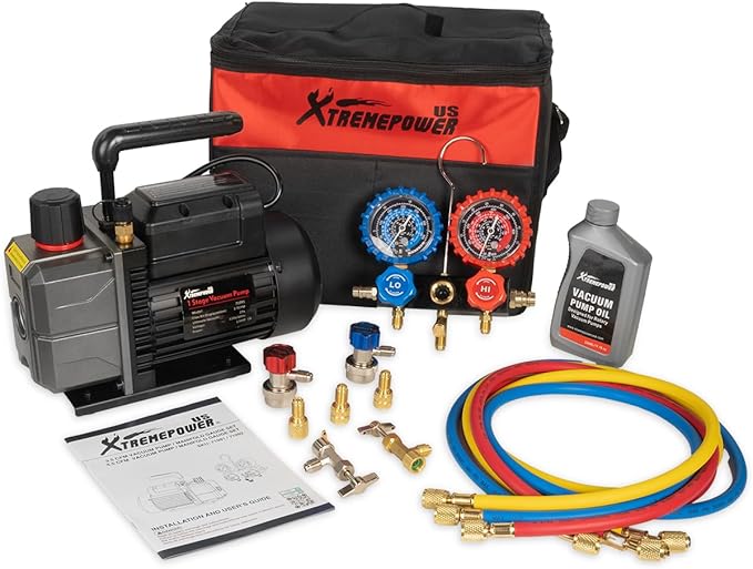 XtremepowerUS Vacuum Pump R134a R22 R32 R410A A/C Refrigeration with Manifold Gauge Can Tap Set Carrying Bag (Gen2, 3.5 CFM)