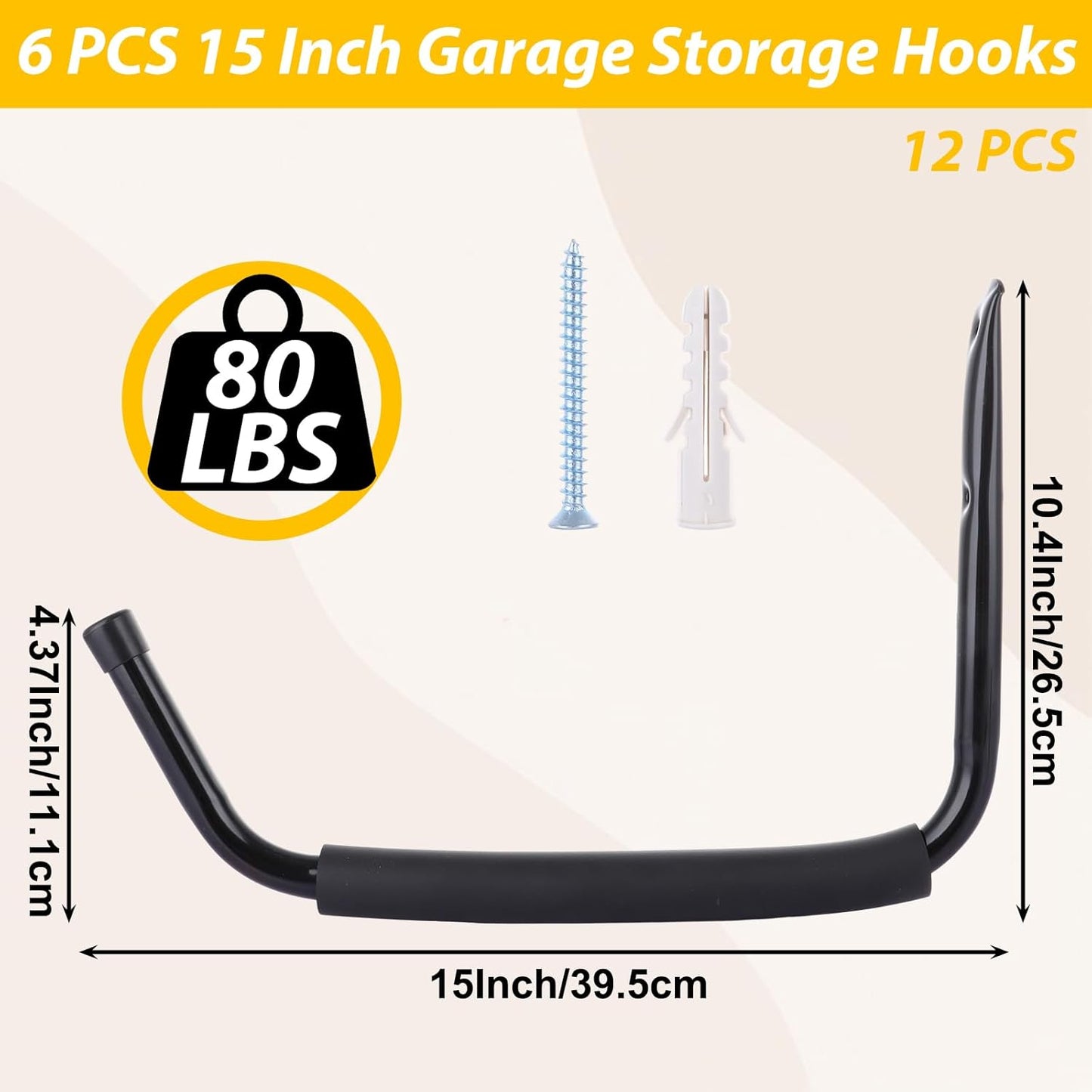 6 PCS 15 Inch Garage Hooks Heavy Duty Kayak Storage Hooks Hanger Black Kayak Storage Rack Ladder Hooks for Garage Wall Mount Garage Wall Hooks for Canoe Paddle Board, Ladder, Hose, Bicycle
