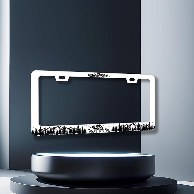 Mama Bear License Plate Frame Forest Mountains Camping License Plate Holder Funny Auto Parts Stainless Steel Universal Cars Decoration for Men Women 12.2" x 6.2"