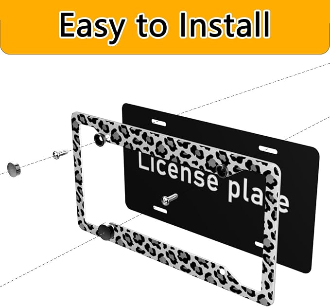 License Plate Frame 2 Pack Front Rear Aluminum Metal Rust-Proof Universal Car Tag Frames Holder with 4 Holes Car Decor Accessory with Screws for Men Women - Black Grey Leopard