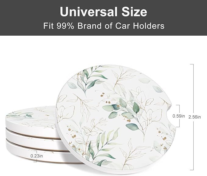 Car Cup Holder Coaster, Car Coasters for Cup Holders, 4 Pack Universal Anti Slip Insert Absorbent Ceramic Auto Interior Accessories with A Finger Notch & Cork Base, Leaves