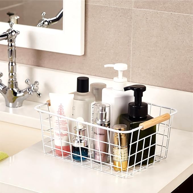 LeleCAT white wire baskets for organizing with Wooden Handles Storage Organizer Baskets, Household snack basket for Cabinets, Pantry, Closets, Bedrooms, pantry organizers and storage - Set of 2（White）