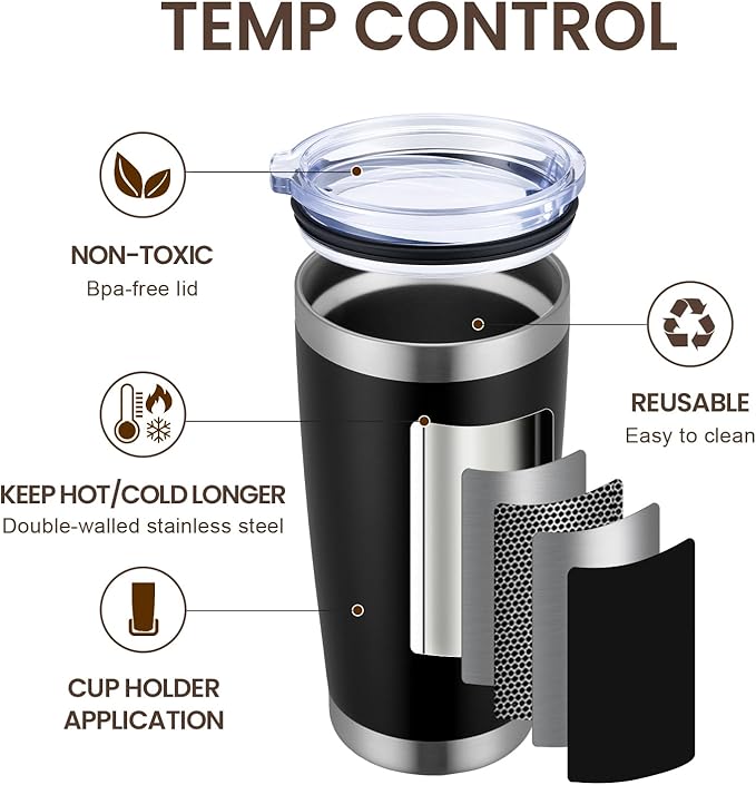MEWAY 20oz Tumbler 8 Pack Double Wall Vacuum Insulated Travel Mug Bulk, Stainless Steel Tumblers with Lid and Straw, Durable Powder Coated Coffee Cups for Cold & Hot Drinks (Black, 8)