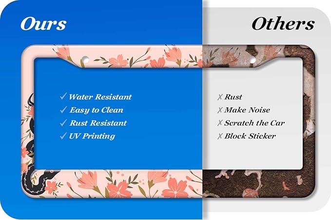2PCS Pink & Black Snake Pattern License Plate Frames for Men Women - Universal Aluminum Stainless Steel Personalized Car Tag Covers Holder with Screws, Caps, Rattle Proof Pads and Handlebar Stickers
