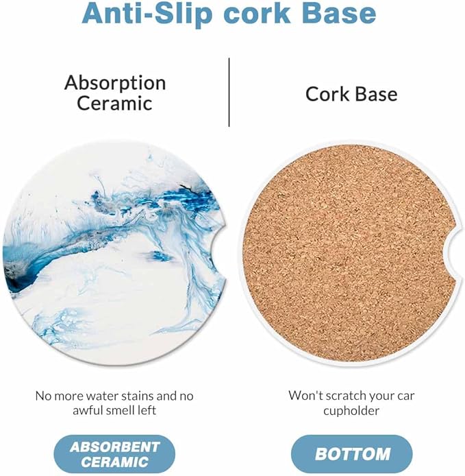 Blue Creative Liquid Car Coasters for Cup Holders Car Cup Holder Coasters 2 Pack for Car, Anti Slip Ceramic Car Cup Mat with Finger Notch Cute Car Interior Accessories for Women Men